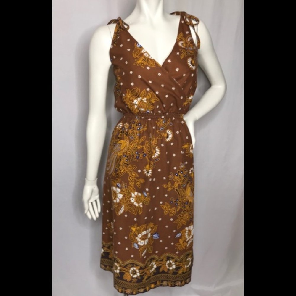Vintage 1970 Dress L Bird Peacock Pheasant Star Handkerchief Print Boho Cowgirl